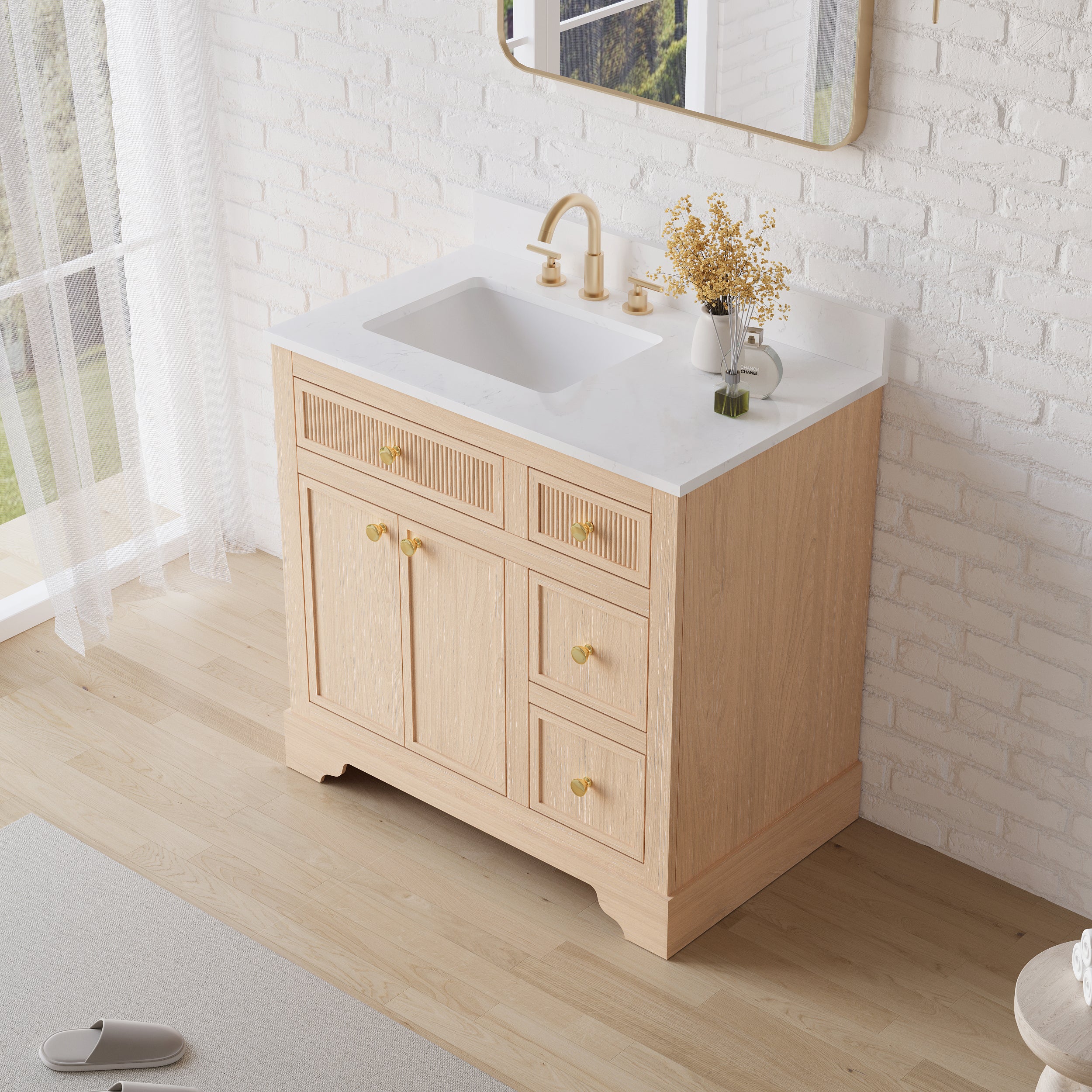 36-Inch Freestanding Bathroom Vanity with Carrera White Top Sink-LIGHT WOOD