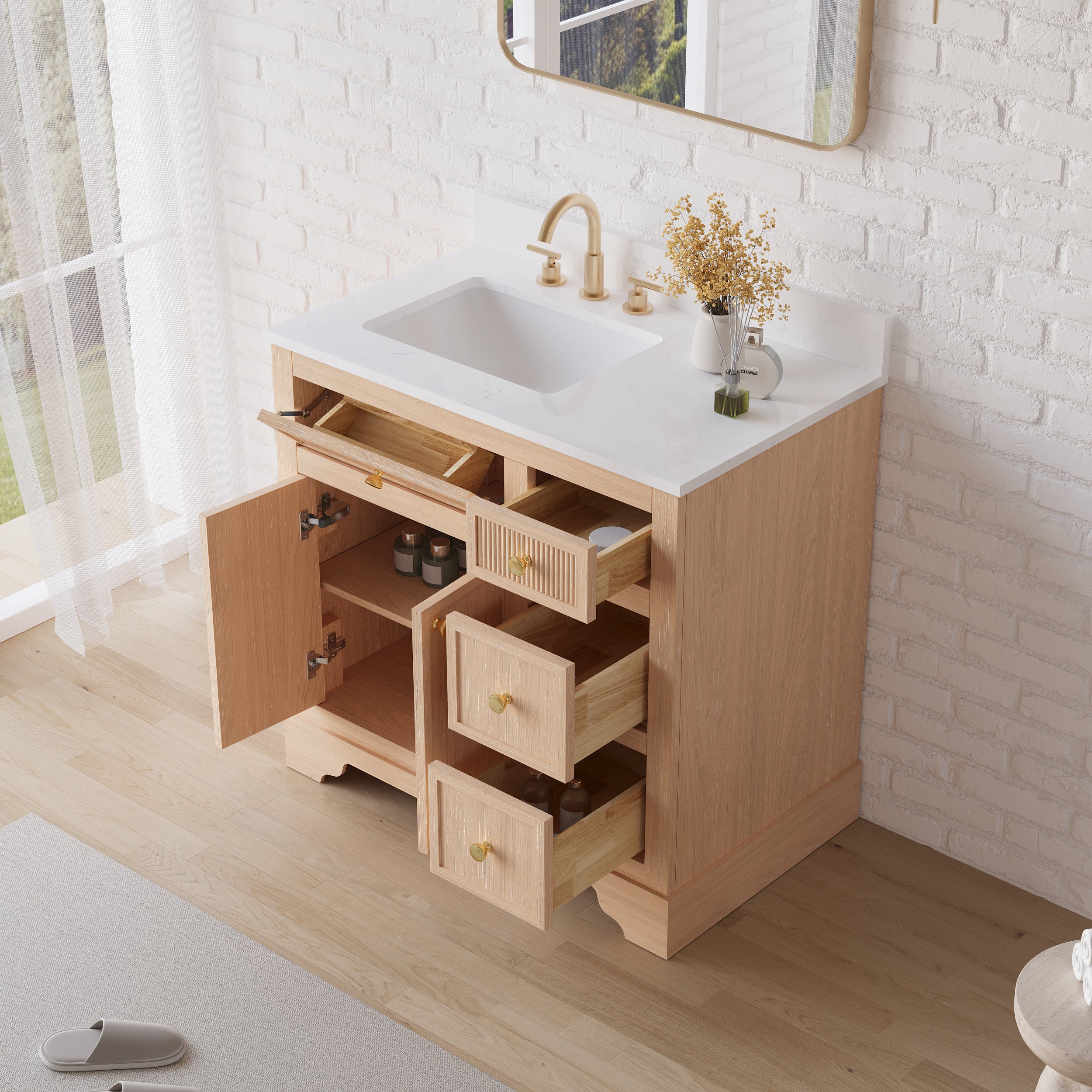 36-Inch Freestanding Bathroom Vanity with Carrera White Top Sink-LIGHT WOOD