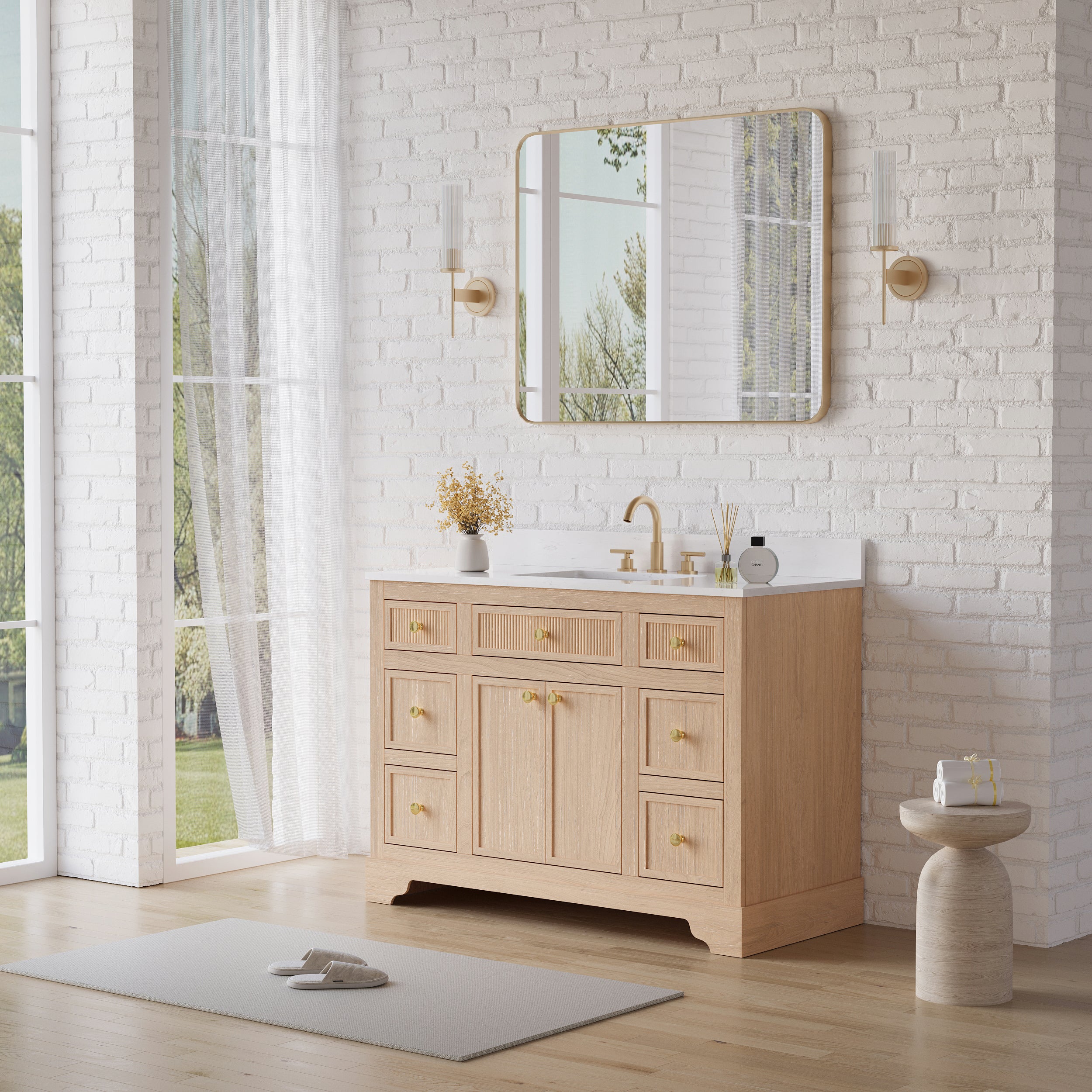 48-Inch Light Wood Freestanding Bathroom Vanity with Carrera White Top Sink