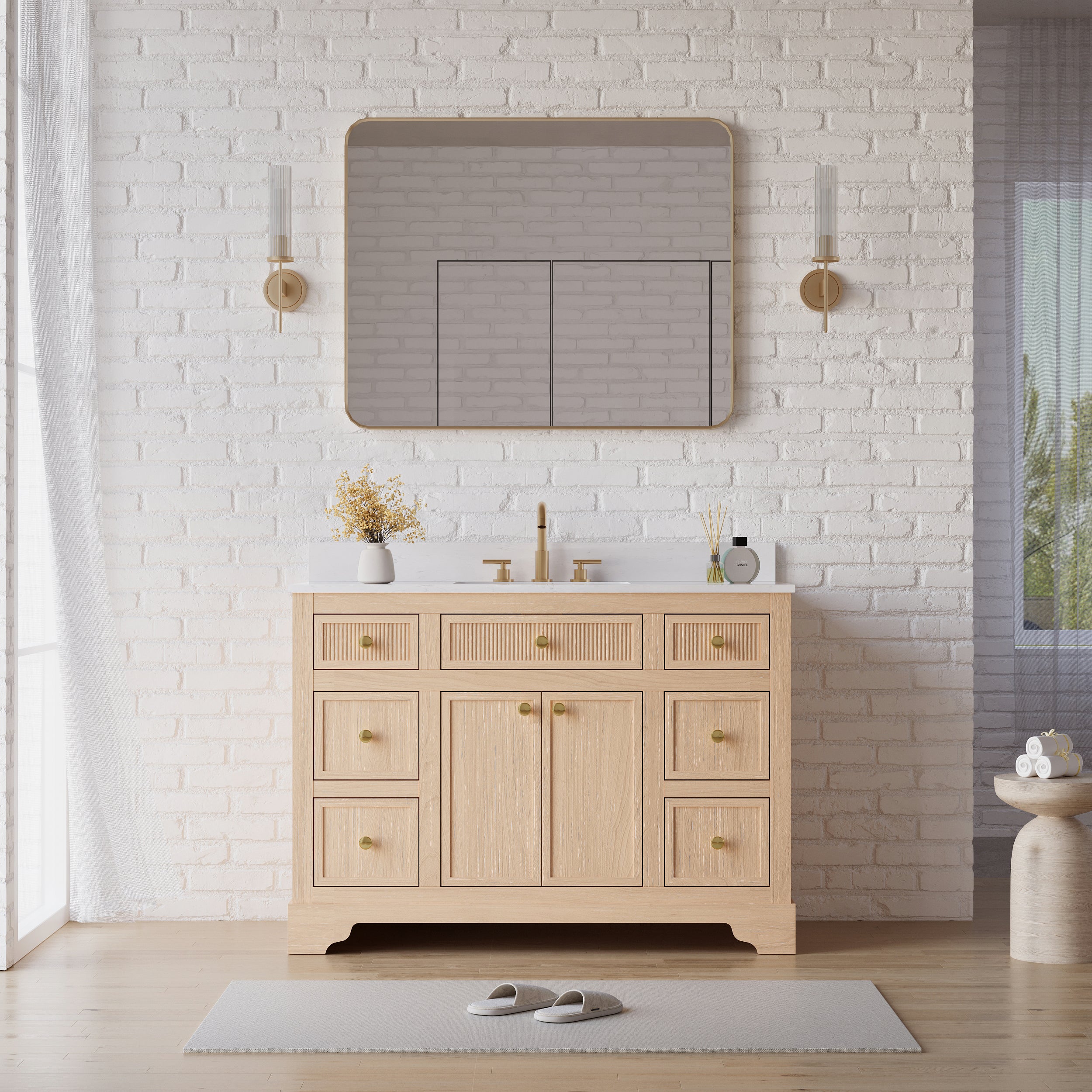 48-Inch Light Wood Freestanding Bathroom Vanity with Carrera White Top Sink