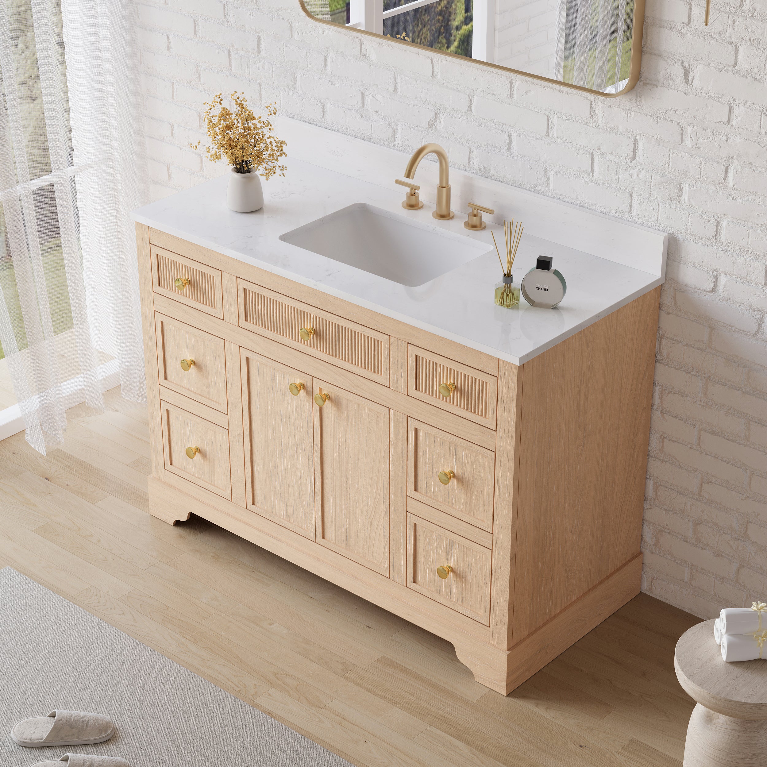 48-Inch Light Wood Freestanding Bathroom Vanity with Carrera White Top Sink