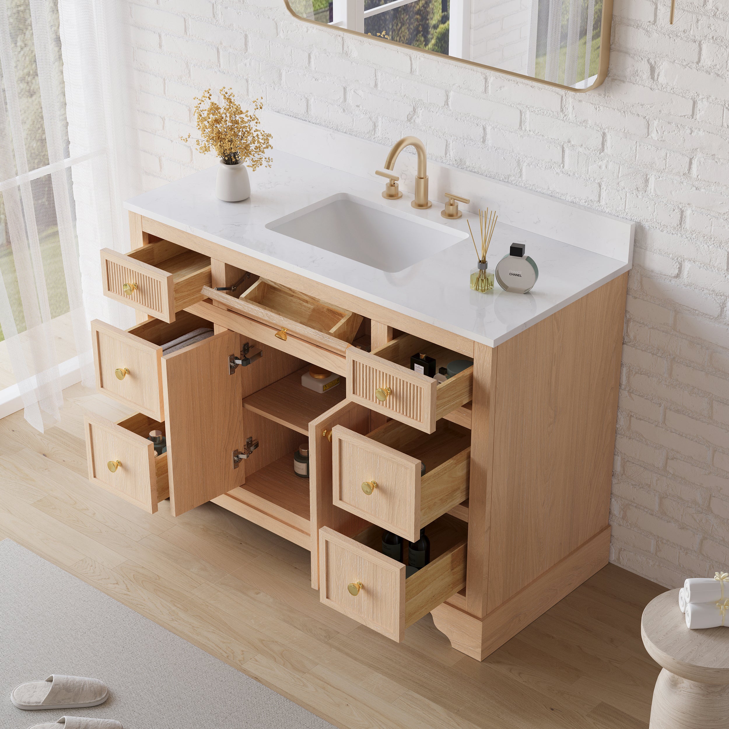 48-Inch Light Wood Freestanding Bathroom Vanity with Carrera White Top Sink