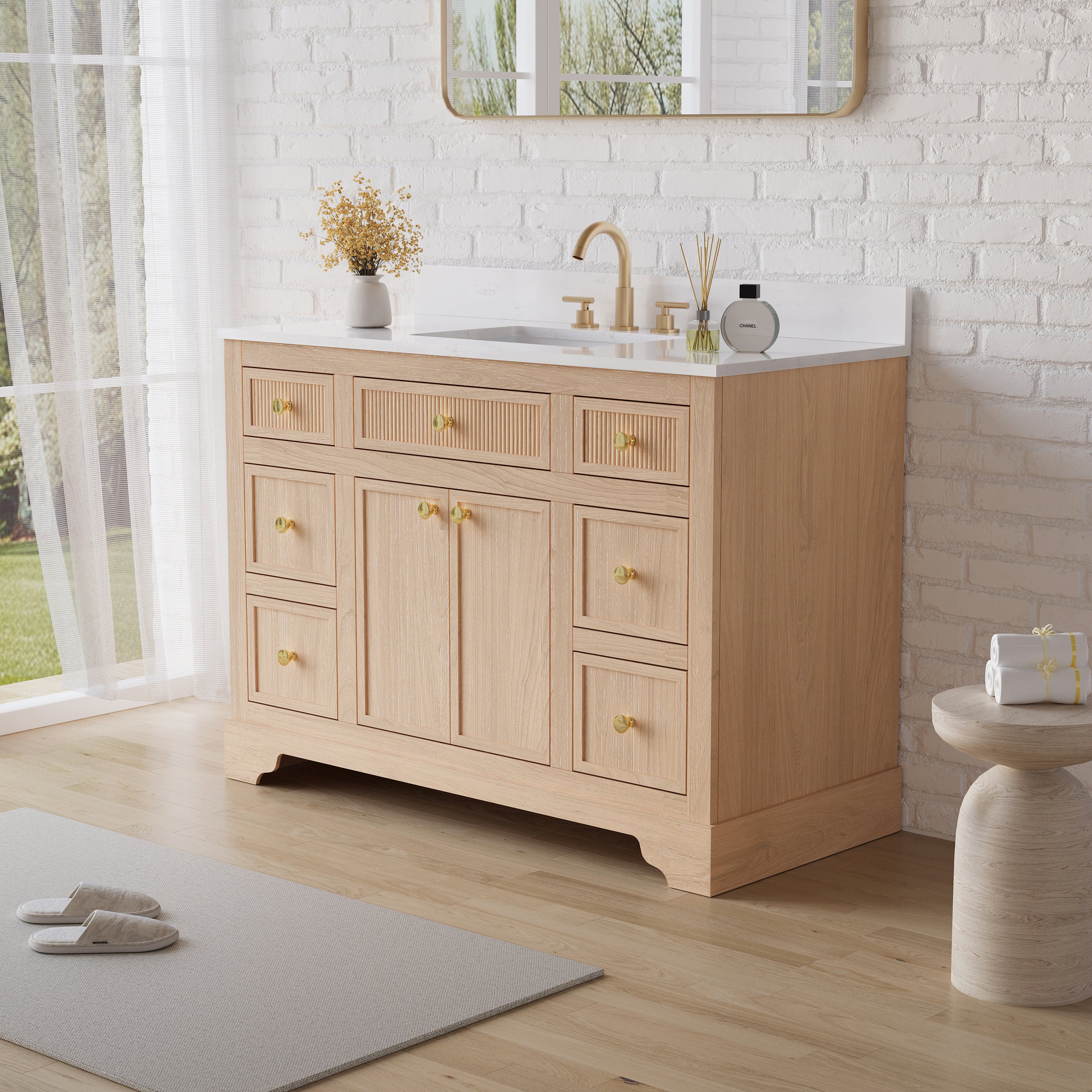 48-Inch Freestanding Bathroom Vanity with Carrera White Top Sink-LIGHT WOOD