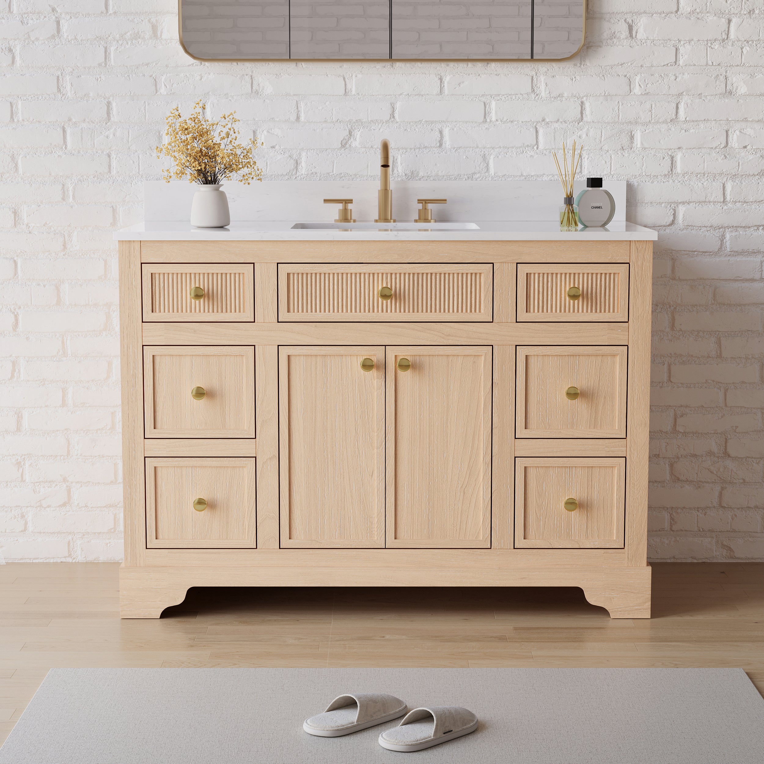 48-Inch Freestanding Bathroom Vanity with Carrera White Top Sink-LIGHT WOOD