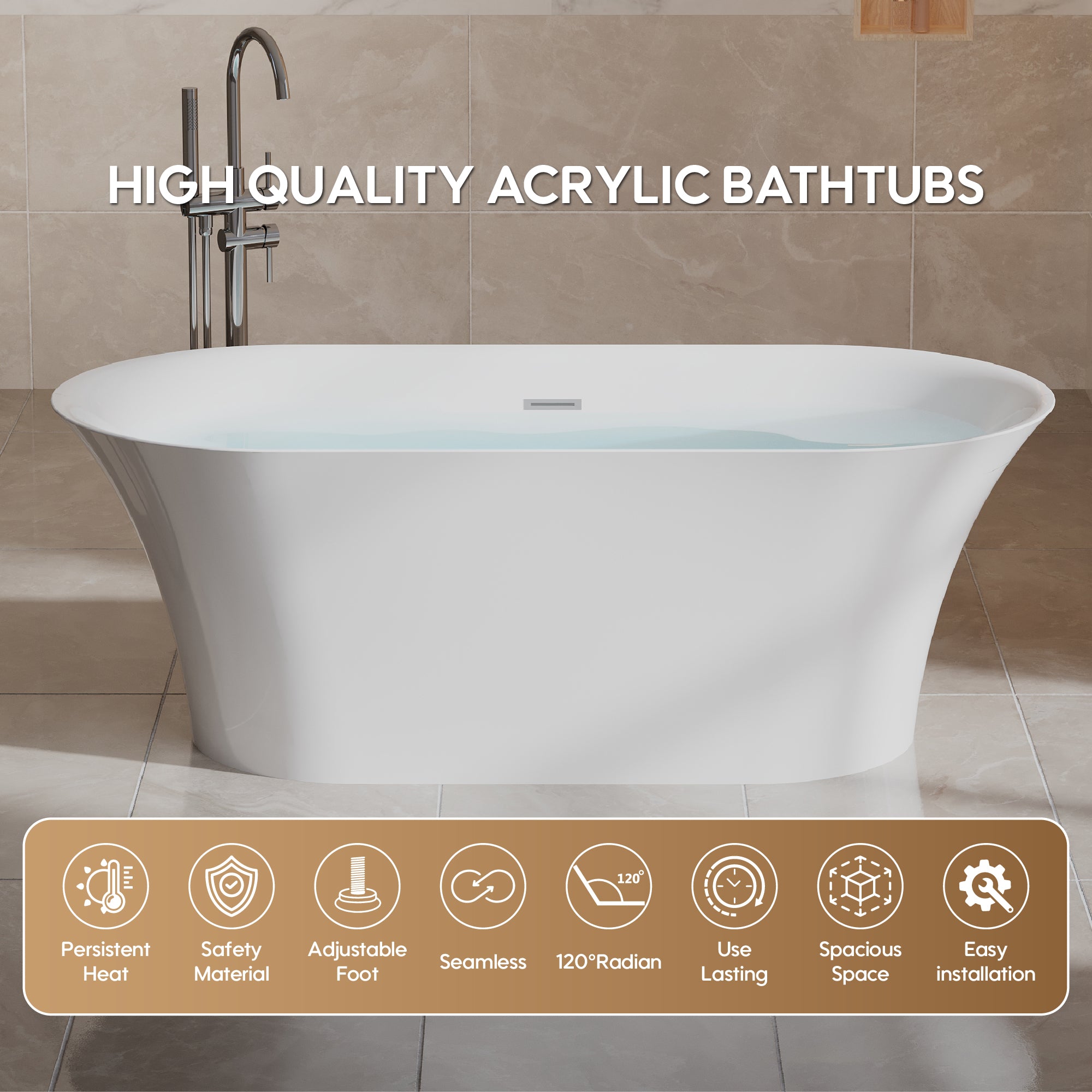 67" Acrylic Freestanding Bathtub Contemporary Soaking Tub Glossy White