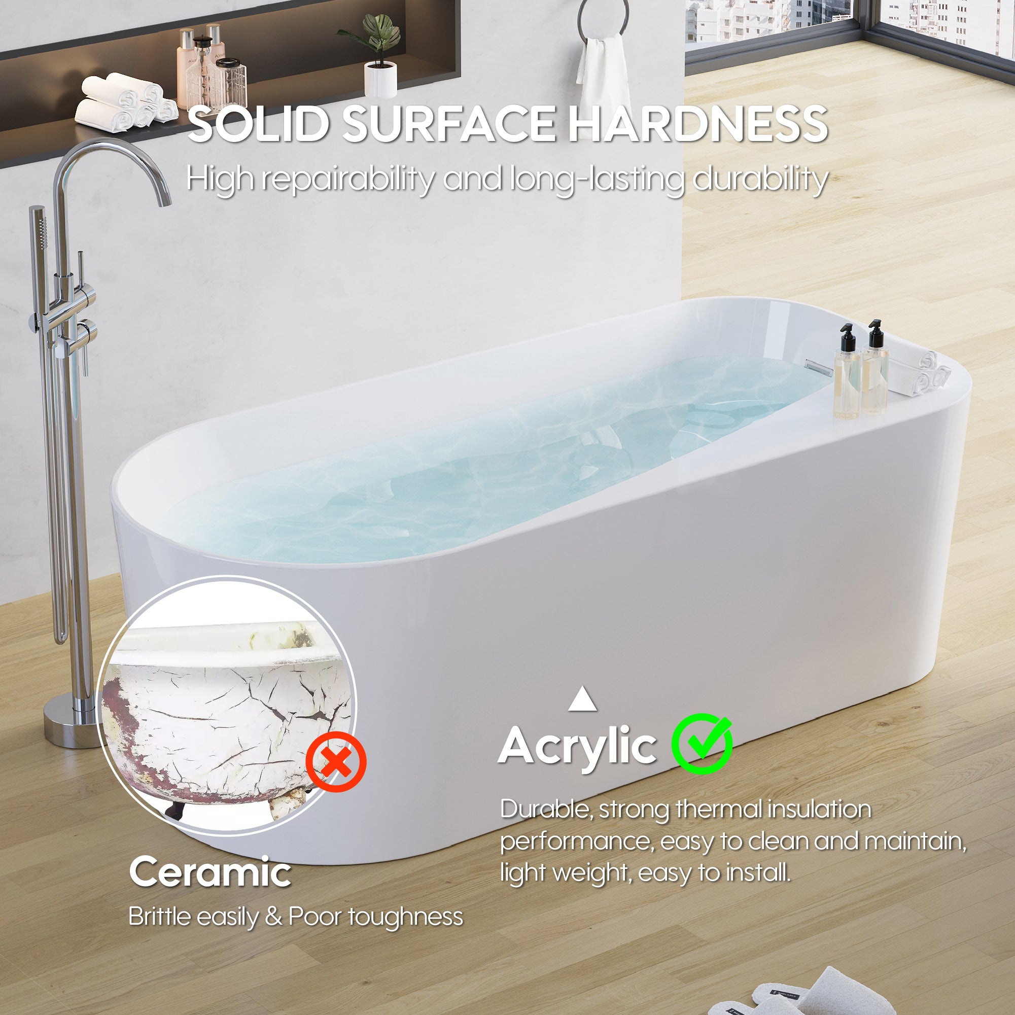 67" Freestanding Acrylic Bathtub Contemporary Soaking Tub in Glossy White