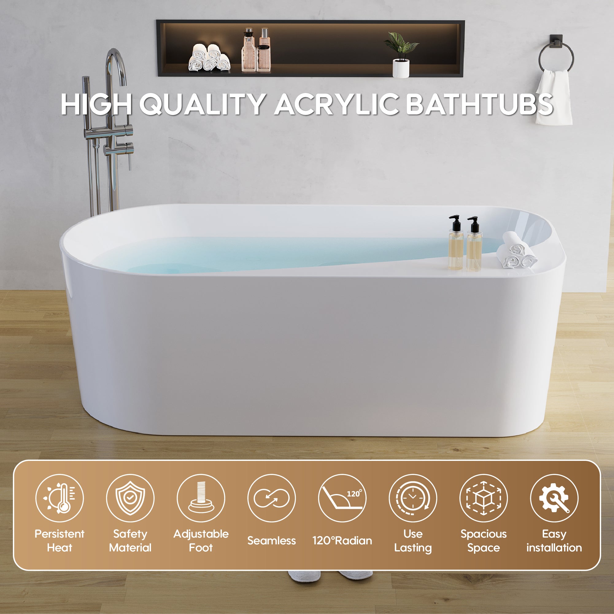 67" Freestanding Acrylic Bathtub Contemporary Soaking Tub in Glossy White