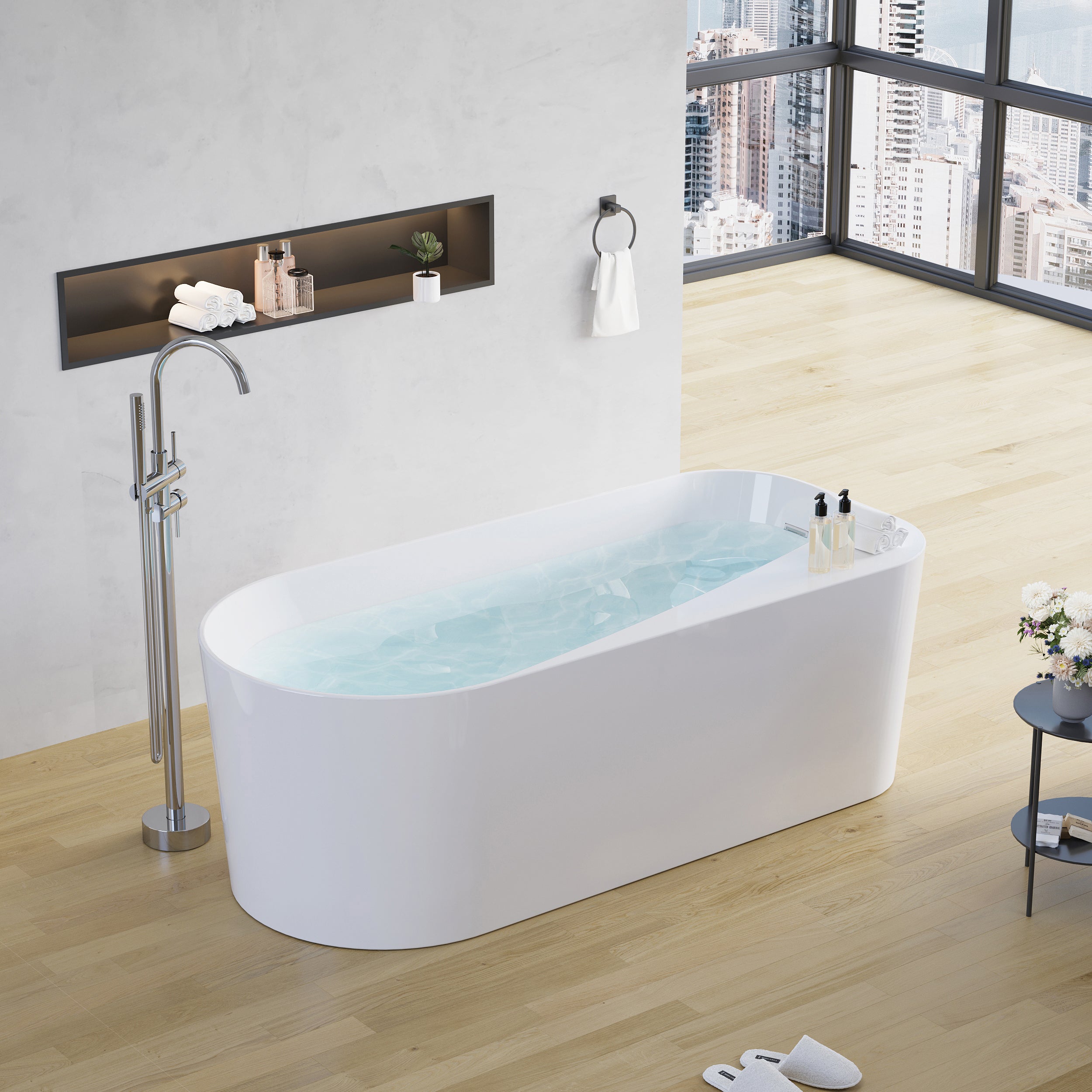 67" Freestanding Acrylic Bathtub Contemporary Soaking Tub in Glossy White