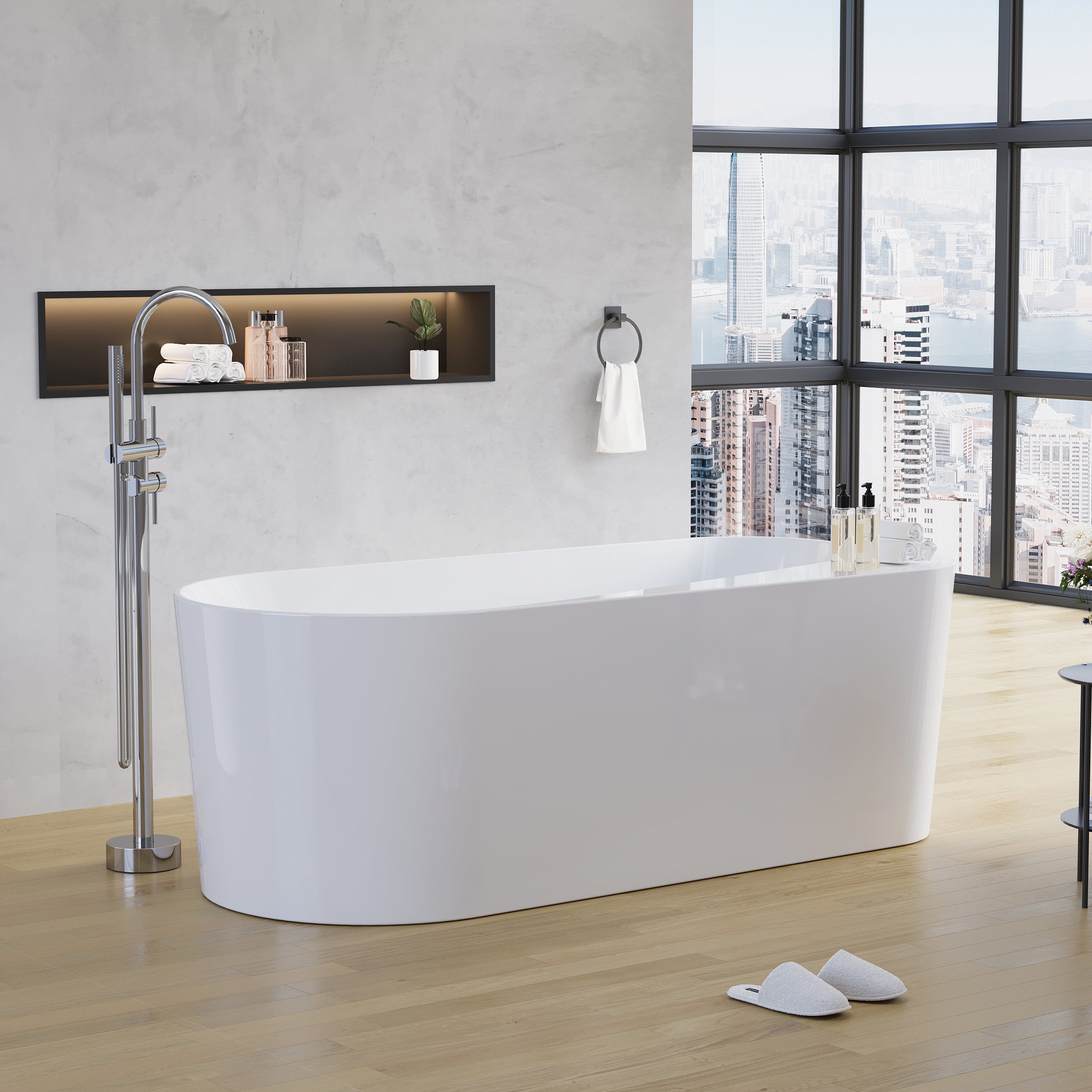 67" Freestanding Acrylic Bathtub Contemporary Soaking Tub in Glossy White