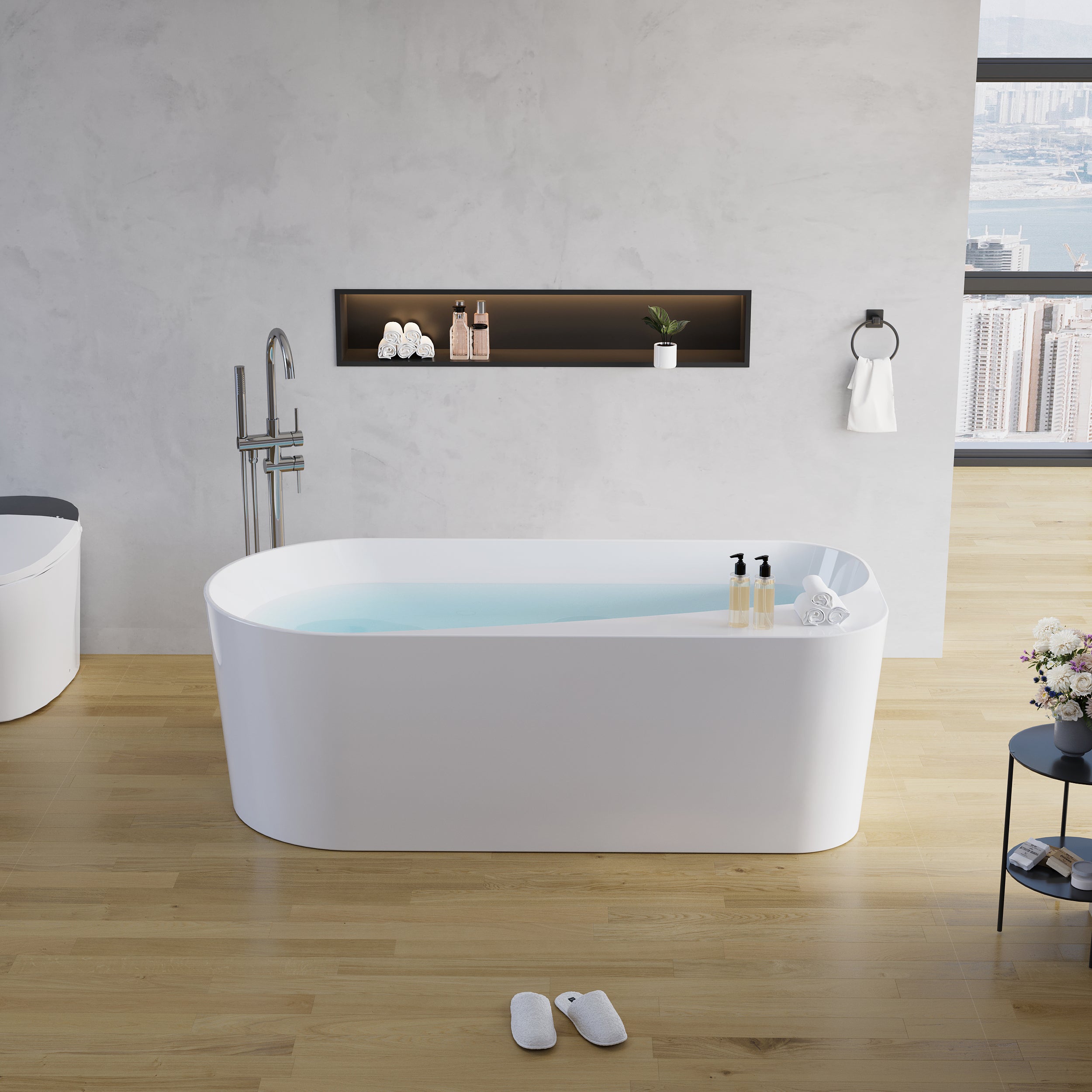 67" Freestanding Acrylic Bathtub Contemporary Soaking Tub in Glossy White