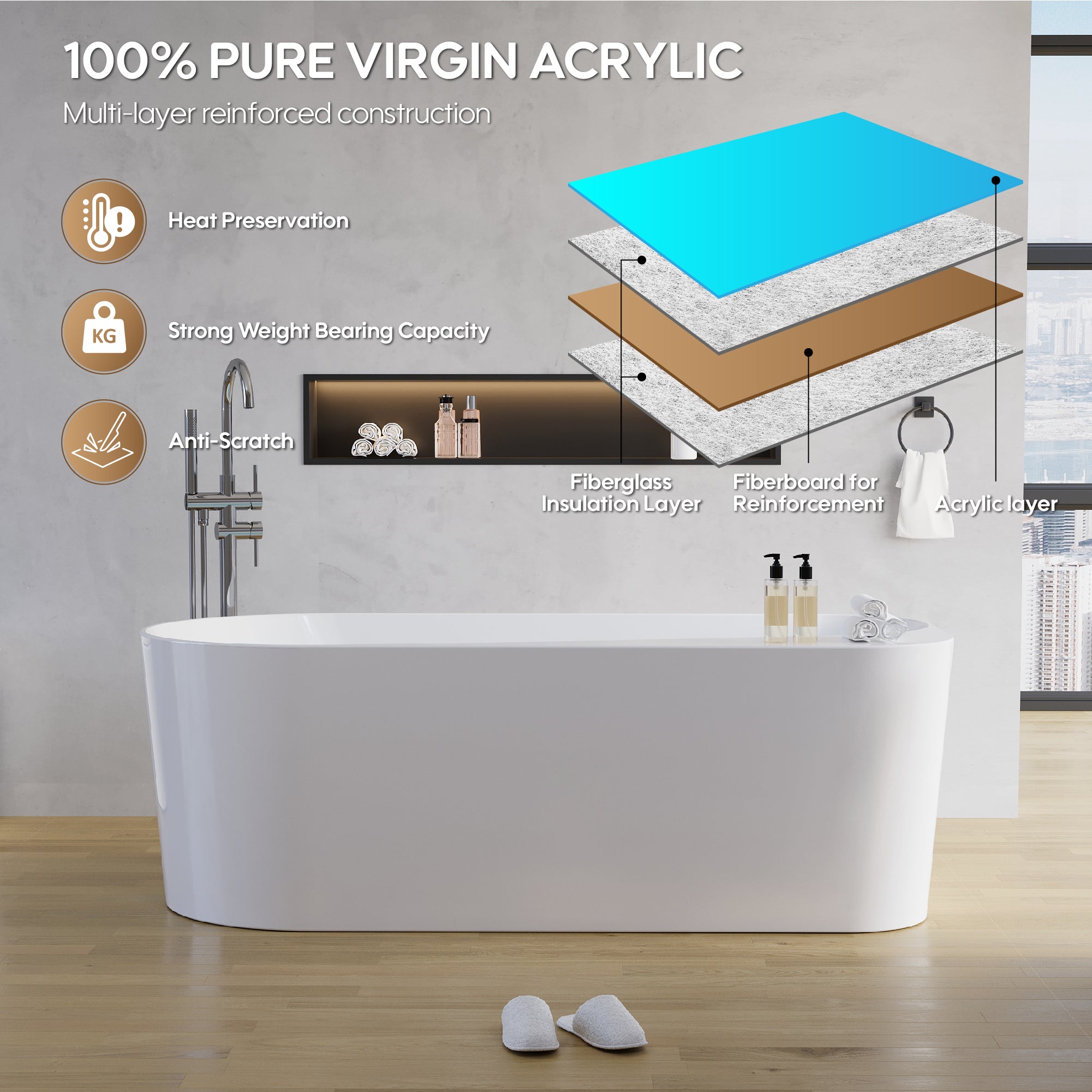 67" Freestanding Acrylic Bathtub Contemporary Soaking Tub in Glossy White