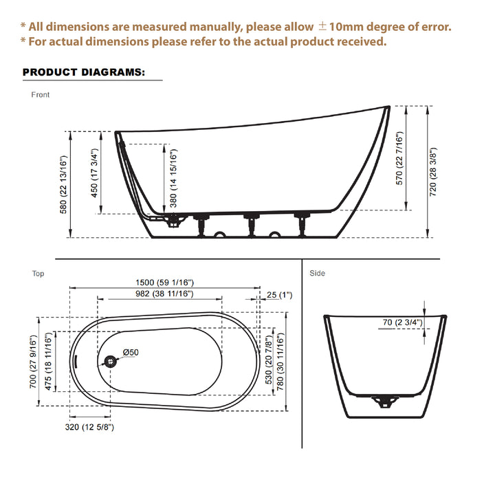 59" Freestanding Glossy White Acrylic Bathtub with Chrome Drain and Overflow