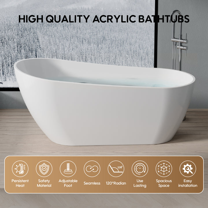 67" Freestanding Glossy White Acrylic Bathtub with Slotted Overflow