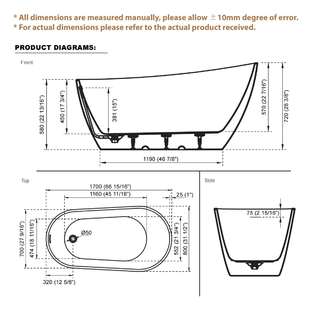 67" Freestanding Glossy White Acrylic Bathtub with Slotted Overflow