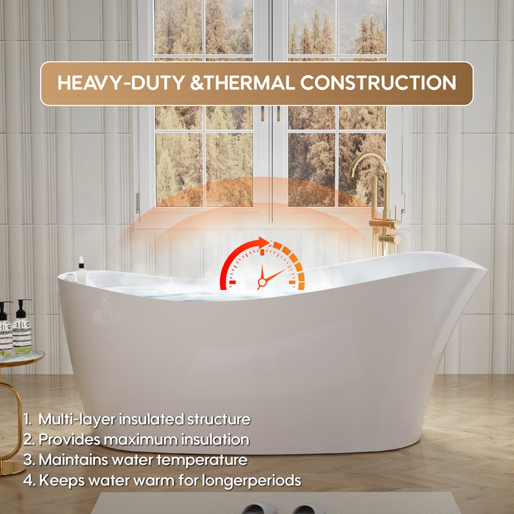 69" Freestanding Glossy White Acrylic Bathtub with Slotted Overflow