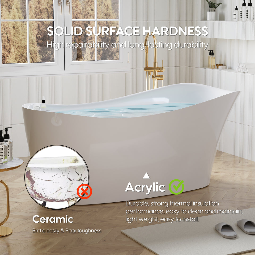 69" Freestanding Glossy White Acrylic Bathtub with Slotted Overflow