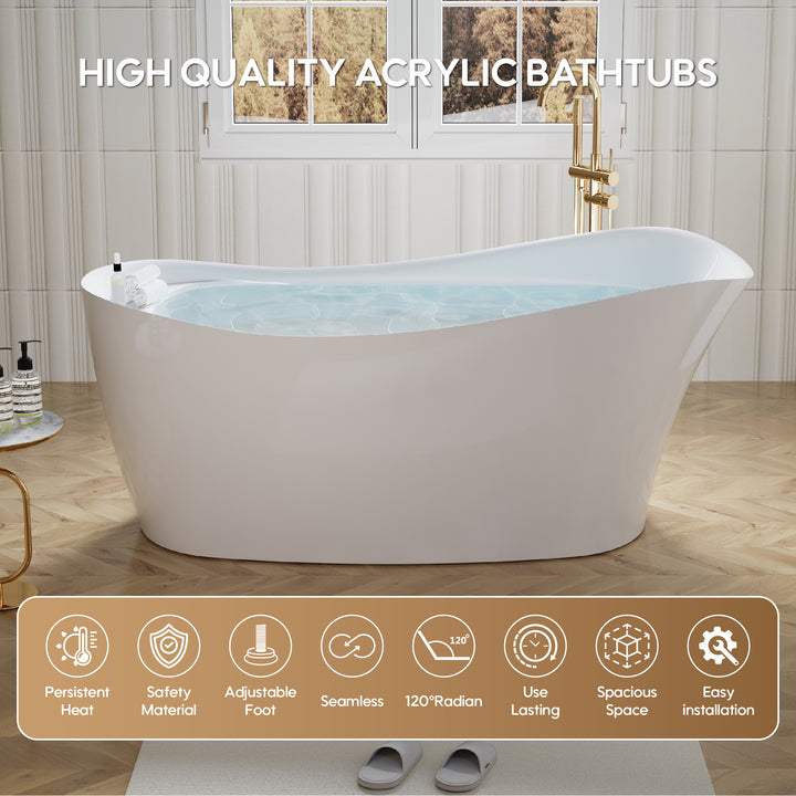 69" Freestanding Glossy White Acrylic Bathtub with Slotted Overflow