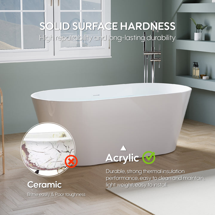 60" Freestanding Glossy White Acrylic Bathtub with Chrome Drain and Overflow