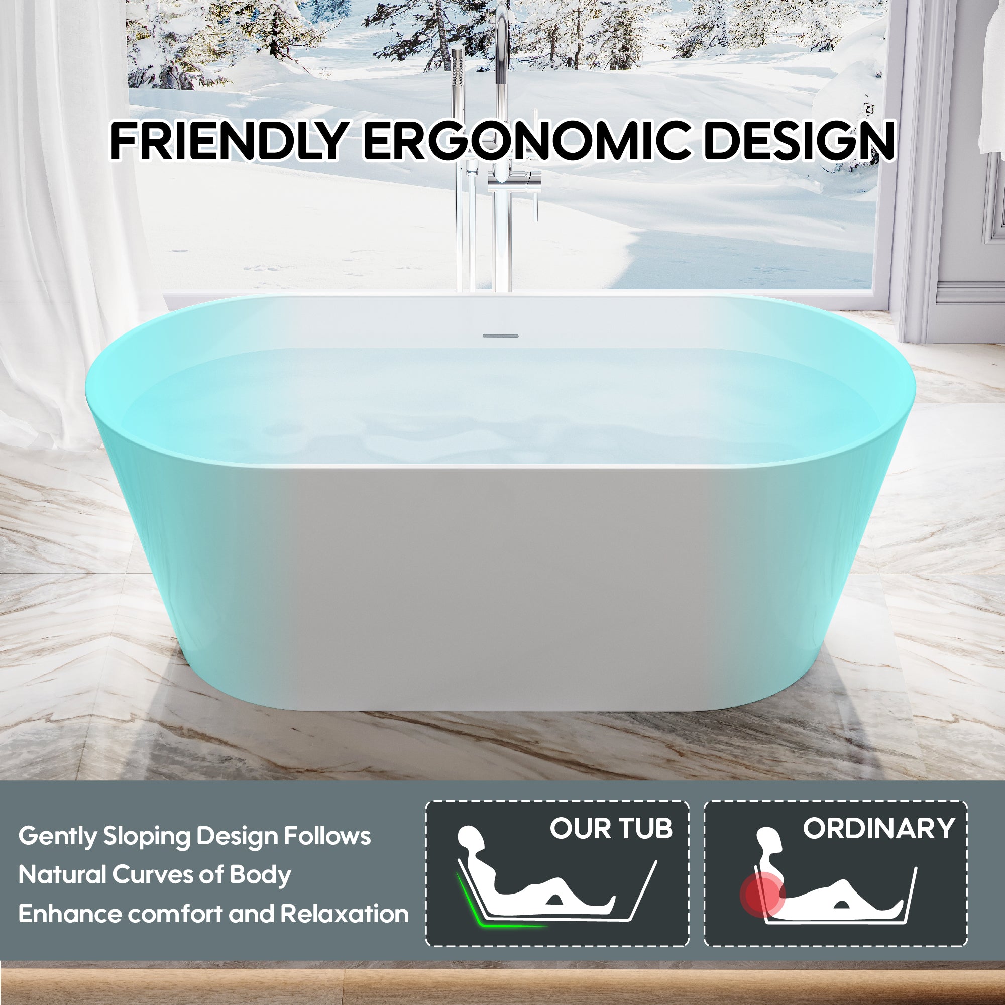 60" Freestanding Glossy White Acrylic Bathtub with Chrome Drain and Overflow