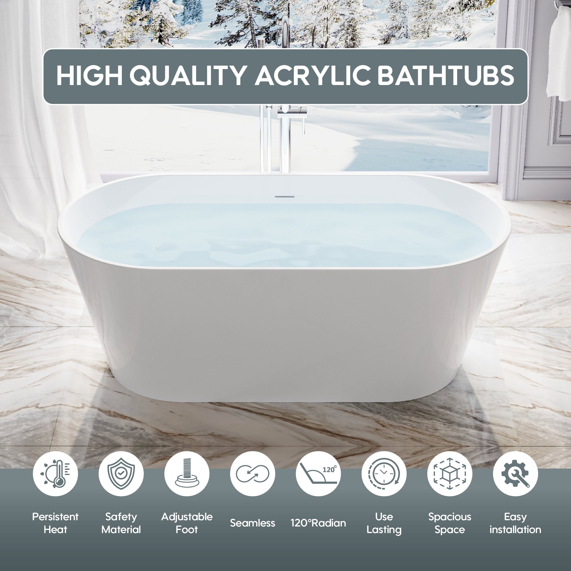 60" Freestanding Glossy White Acrylic Bathtub with Chrome Drain and Overflow