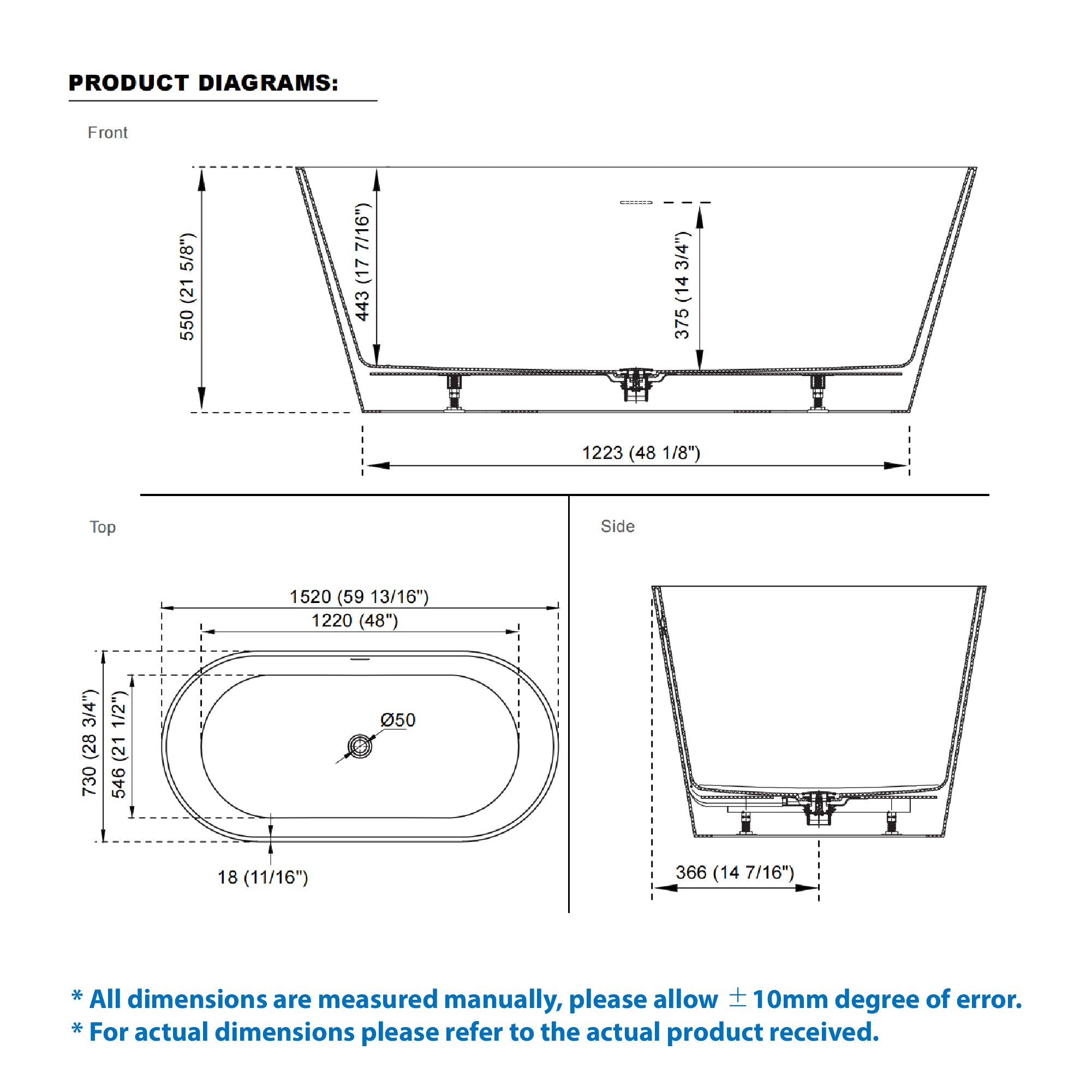 60" Freestanding Glossy White Acrylic Bathtub with Chrome Drain and Overflow