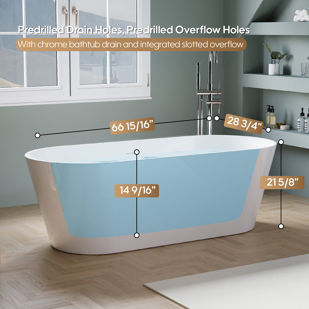 67" Freestanding Glossy White Acrylic Bathtub with Chrome Drain and Overflow