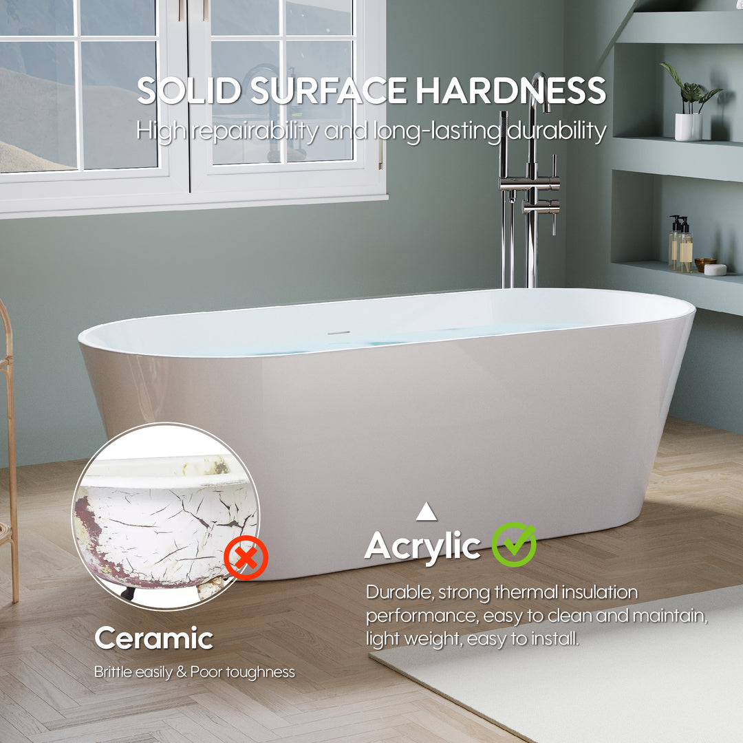 67" Freestanding Glossy White Acrylic Bathtub with Chrome Drain and Overflow