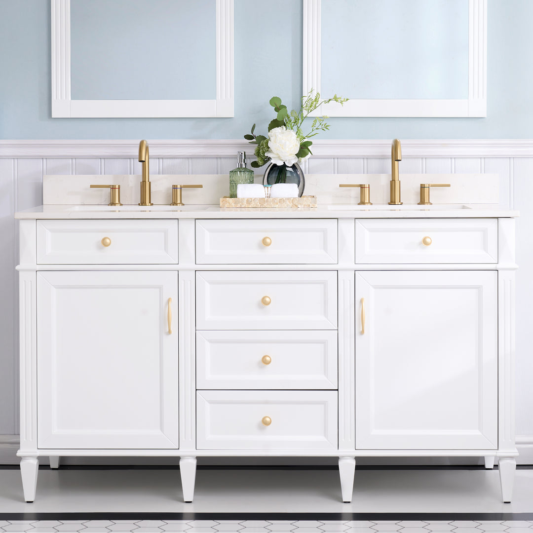 60 in. Bathroom Vanity in White with Quartz Vanity Top in Carrara with Double White Basin