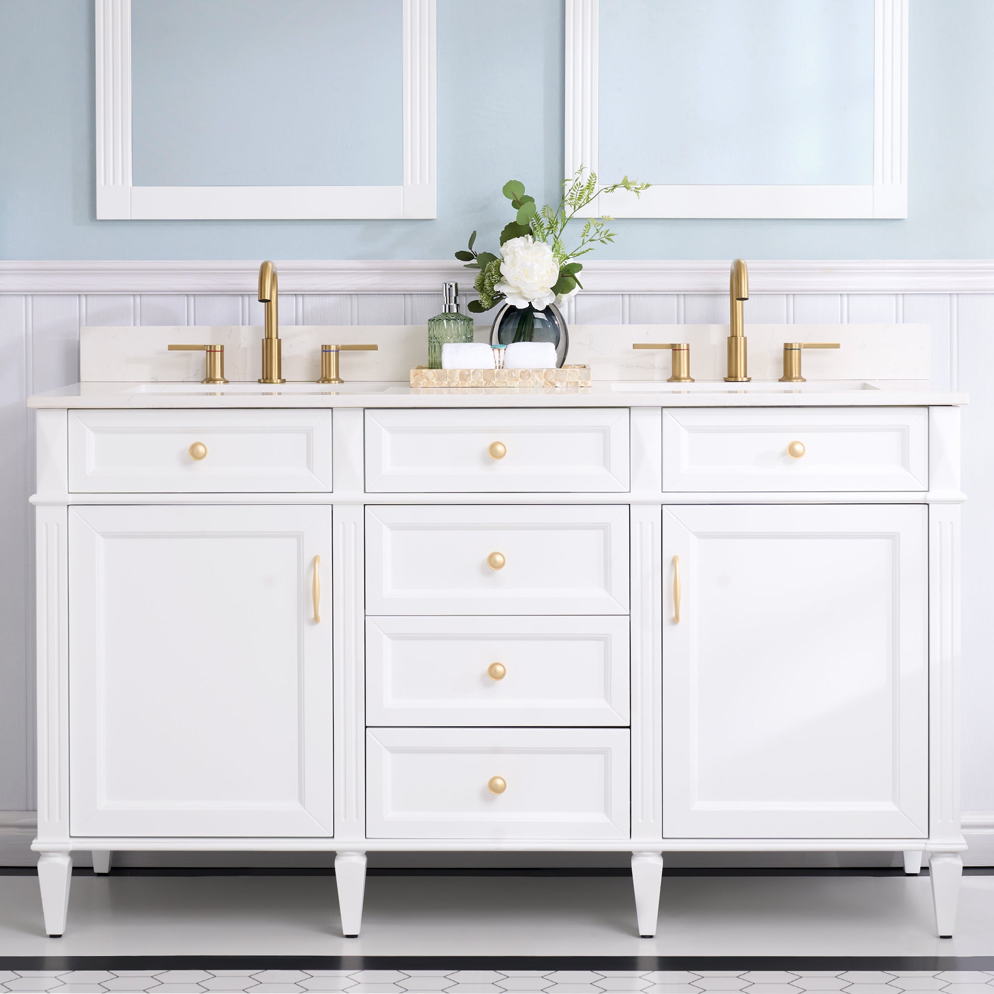 60 in. Bathroom Vanity in White with Quartz Vanity Top in Carrara with Single White Basin