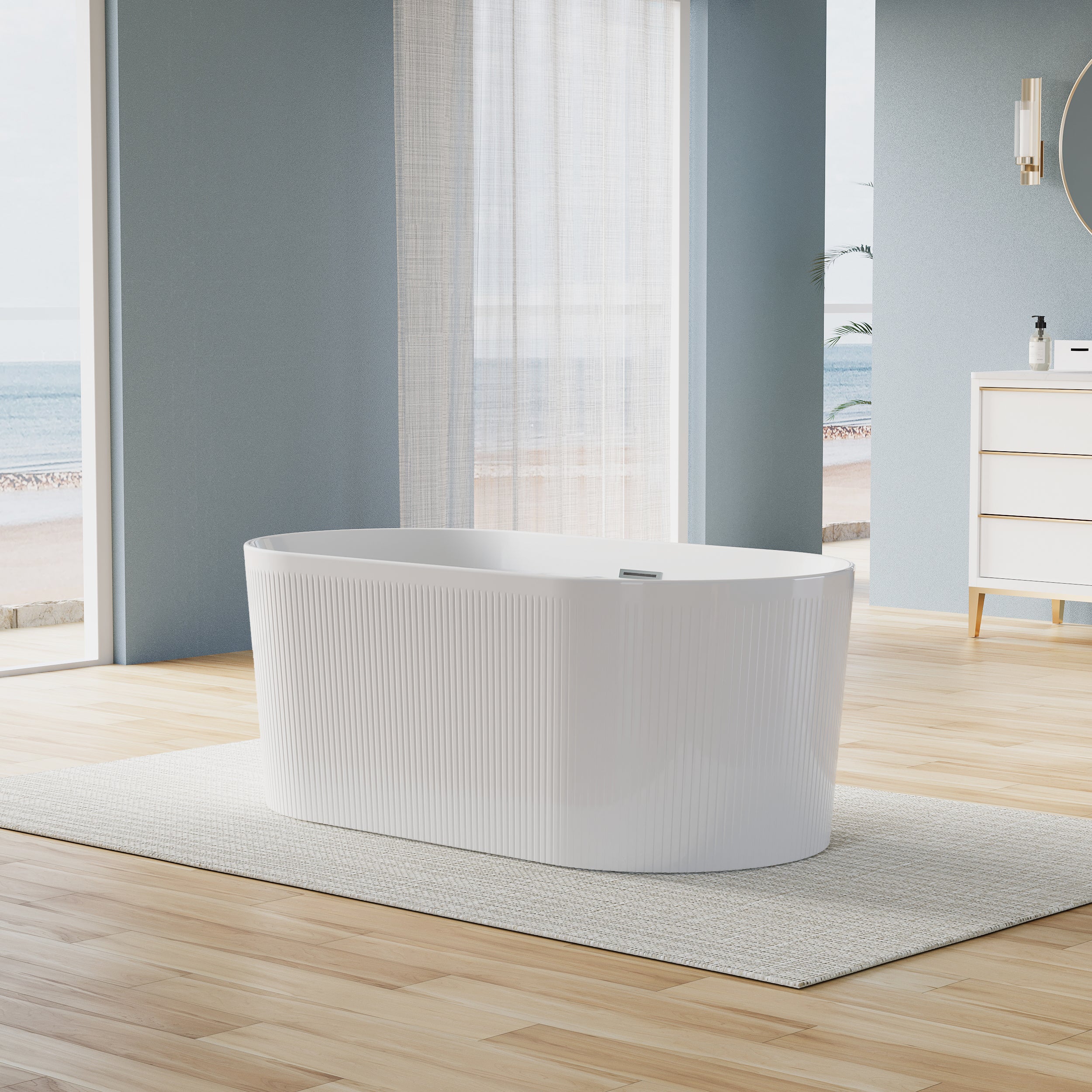 59" Acrylic Freestanding Bathtub, Unique Pleated Design With Chrome Drain and Slotted Overflow in Glossy White