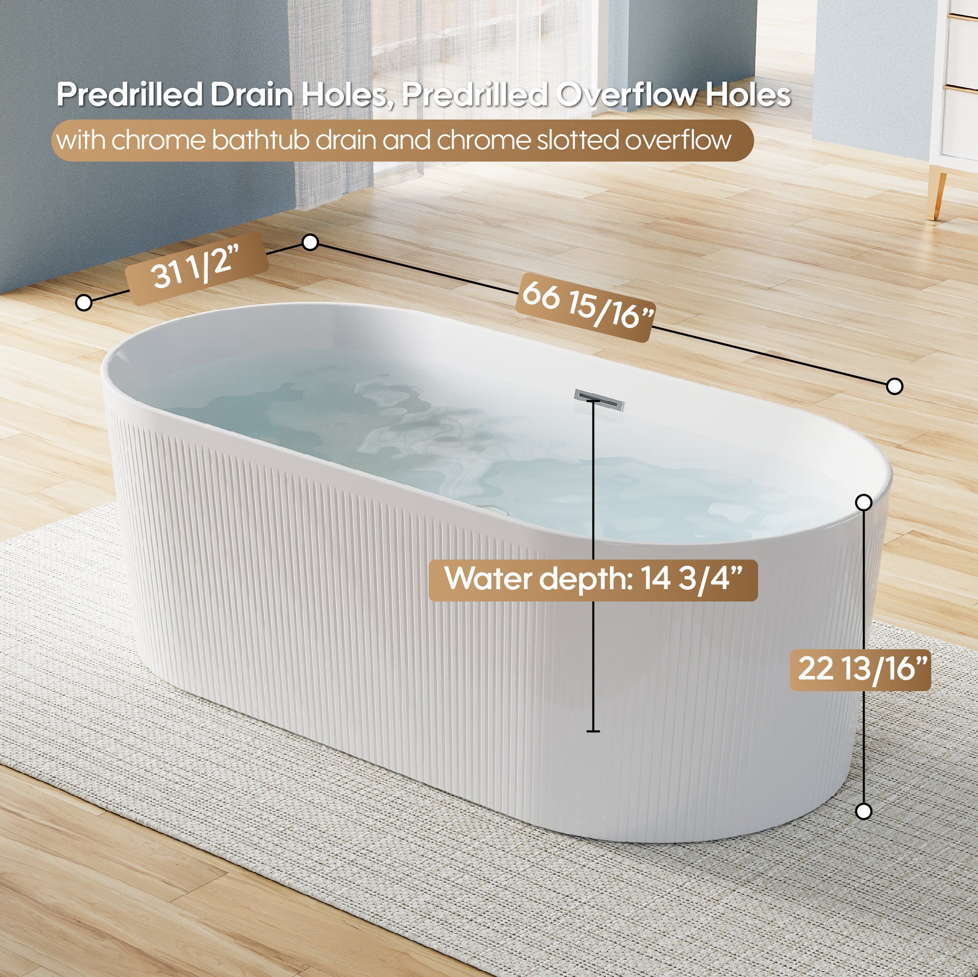 67" Acrylic Freestanding Bathtub, Unique Pleated Design With Chrome Drain and Slotted Overflow in Glossy White