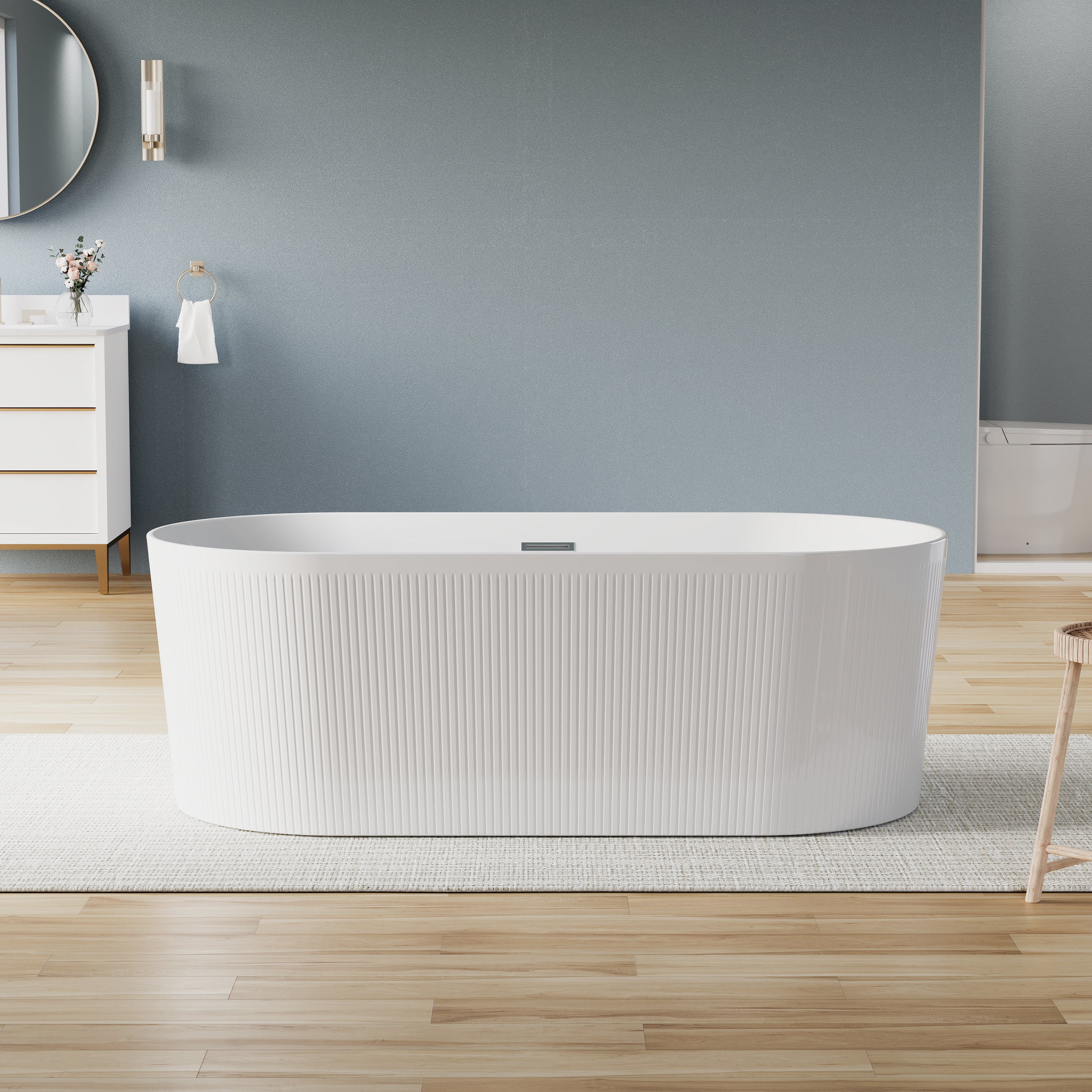 67" Acrylic Freestanding Bathtub, Unique Pleated Design With Chrome Drain and Slotted Overflow in Glossy White