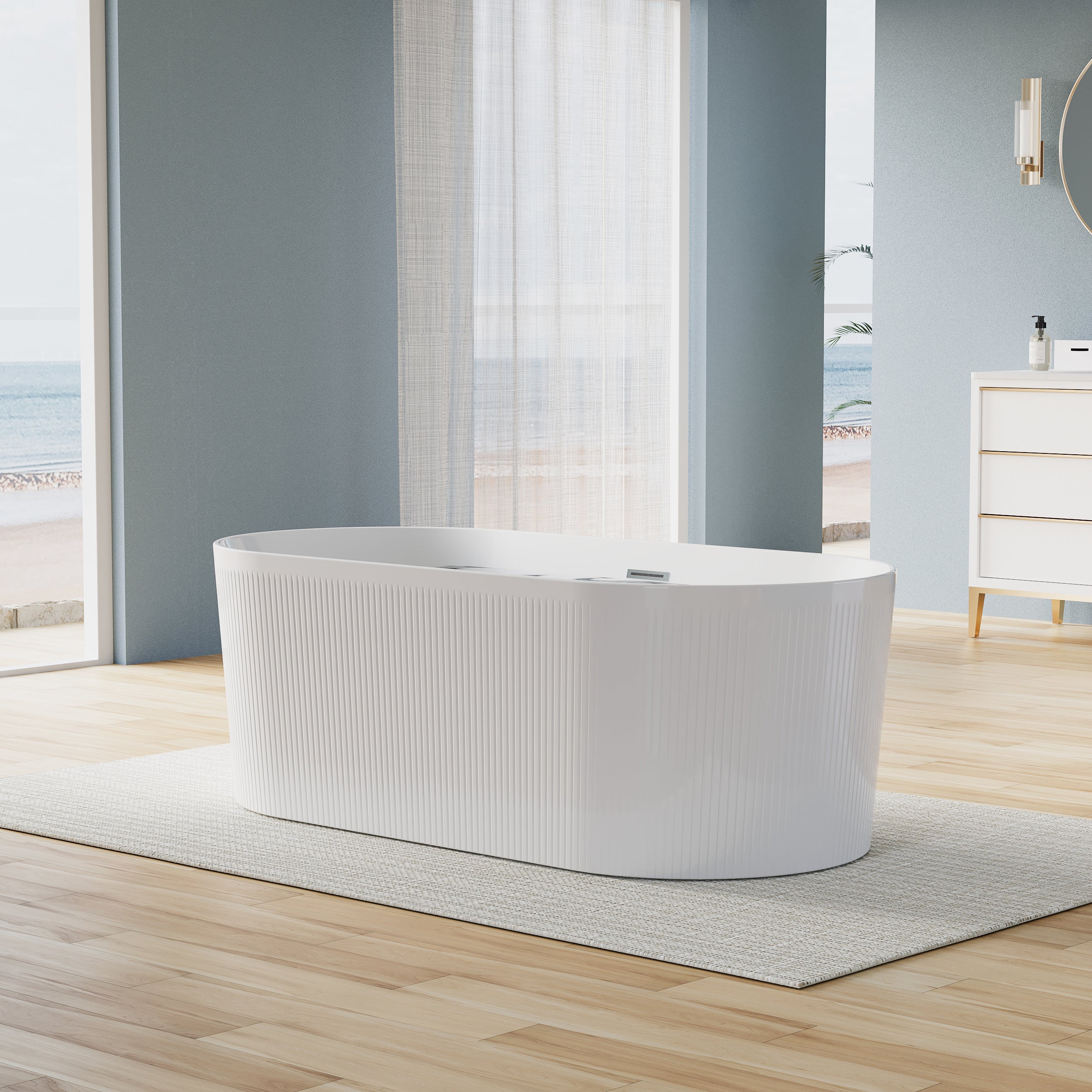 67" Acrylic Freestanding Bathtub, Unique Pleated Design With Chrome Drain and Slotted Overflow in Glossy White