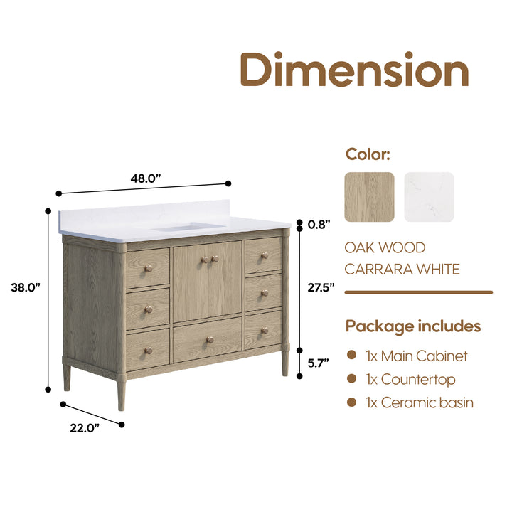 48-Inch Freestanding Oak Bathroom Vanity with White Quartz Top Sink