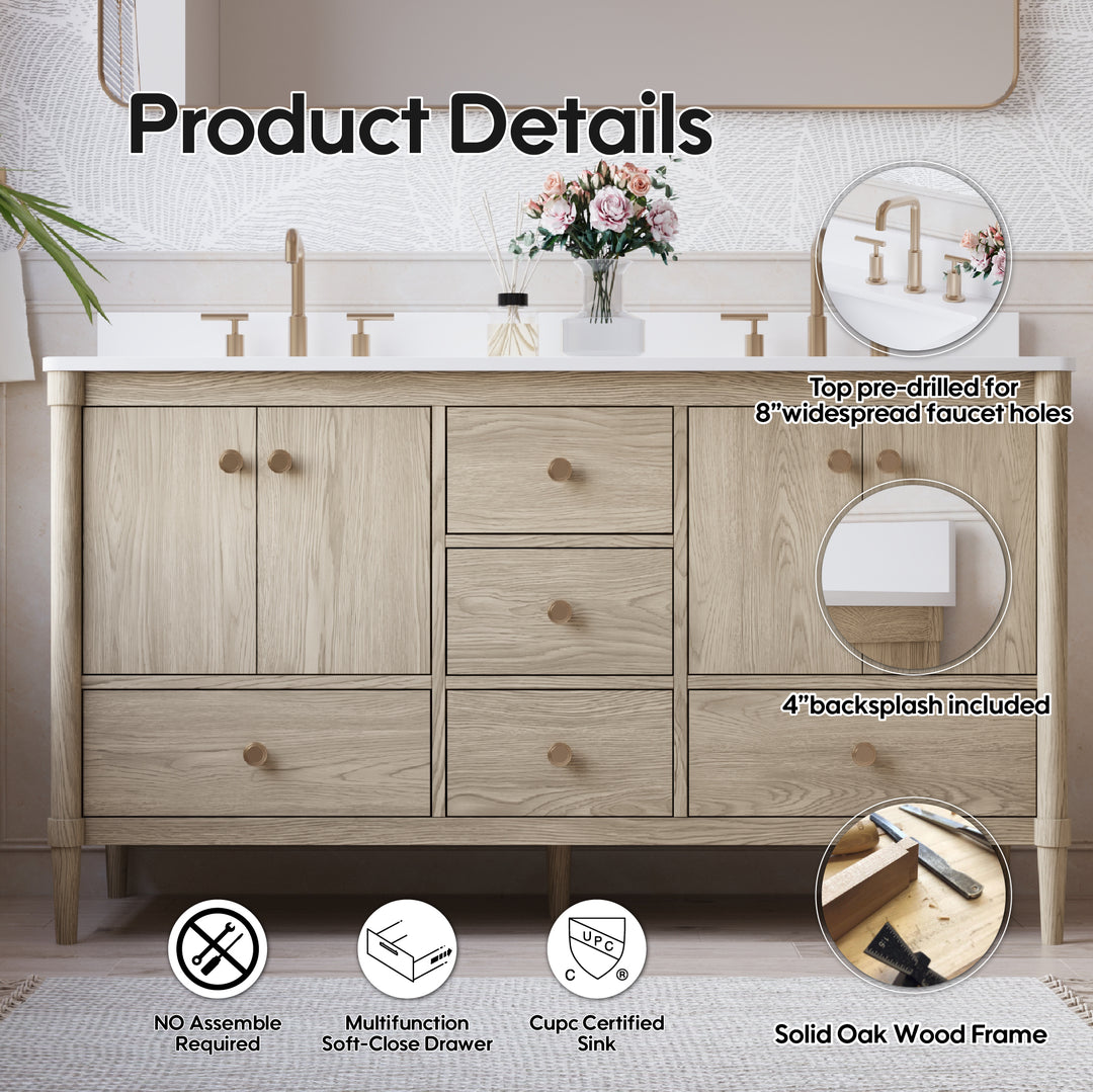 60-Inch Freestanding Oak Bathroom Vanity with White Quartz Top Sinks