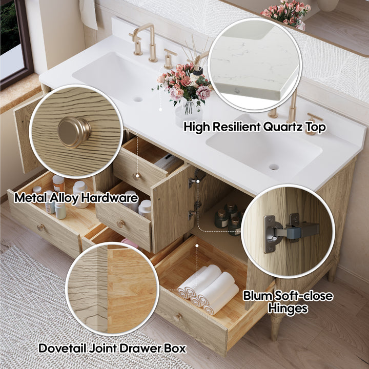 60-Inch Freestanding Oak Bathroom Vanity with White Quartz Top Sinks