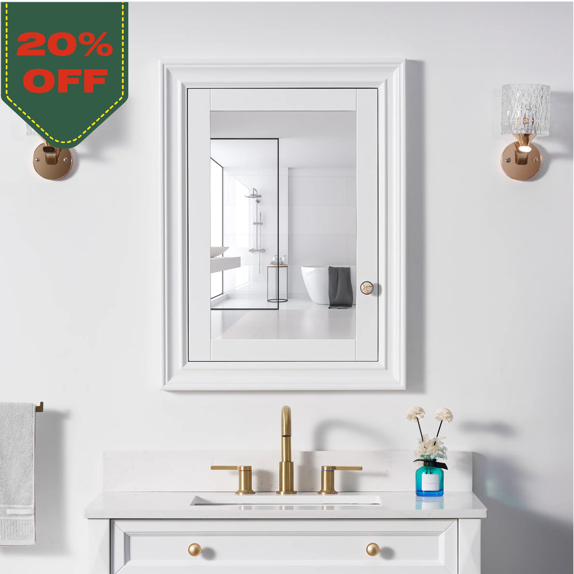 24 in.W x 32 in.H Recessed Bathroom Medicine Cabinet with Mirror in White