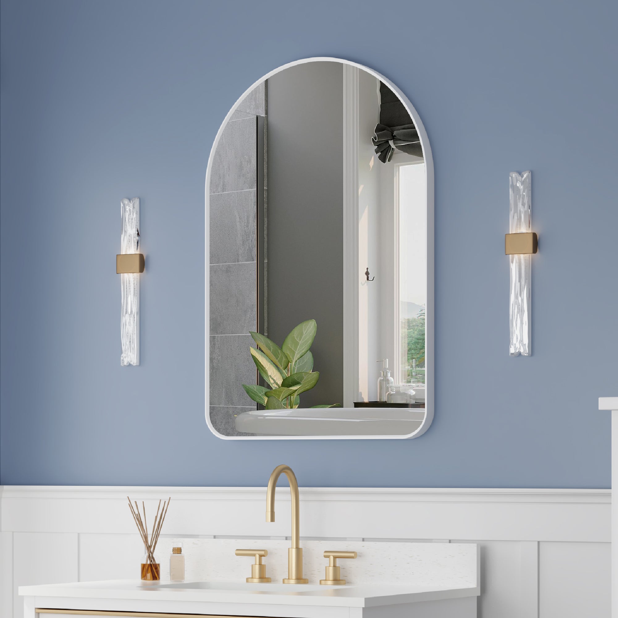 24 in. W x 36 in. H Arched Aluminum Framed Wall Bathroom Vanity Mirror in White