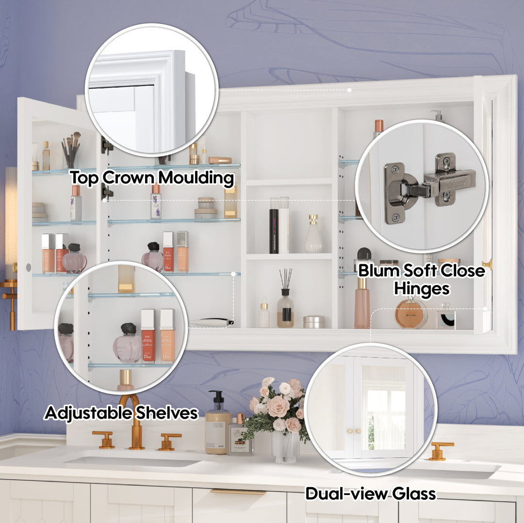 55 in.W x 32 in.H Recessed Bathroom Medicine Cabinet with Mirror in White