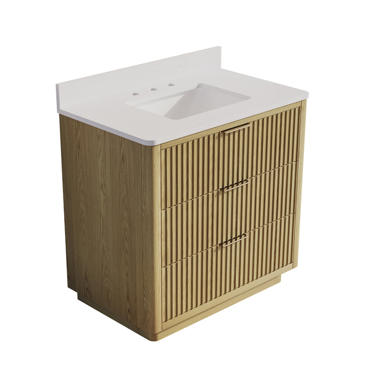 36 in. Oak Freestanding Solid Wood Bathroom Vanity with White Quartz Countertop