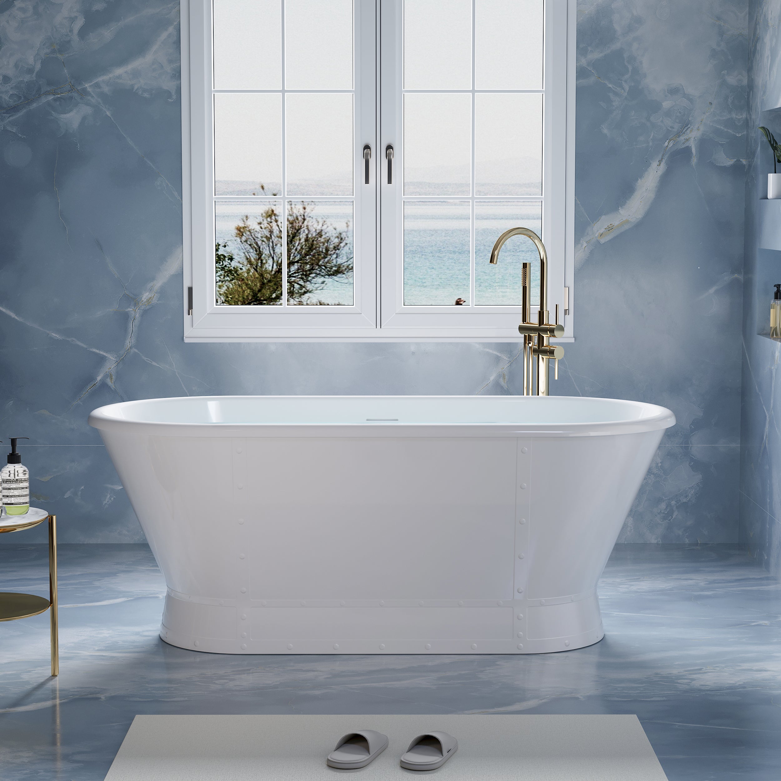 66" Freestanding Glossy White Acrylic Bathtub with Integrated Overflow