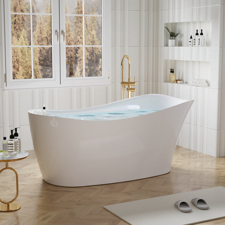 69" Freestanding Glossy White Acrylic Bathtub with Slotted Overflow