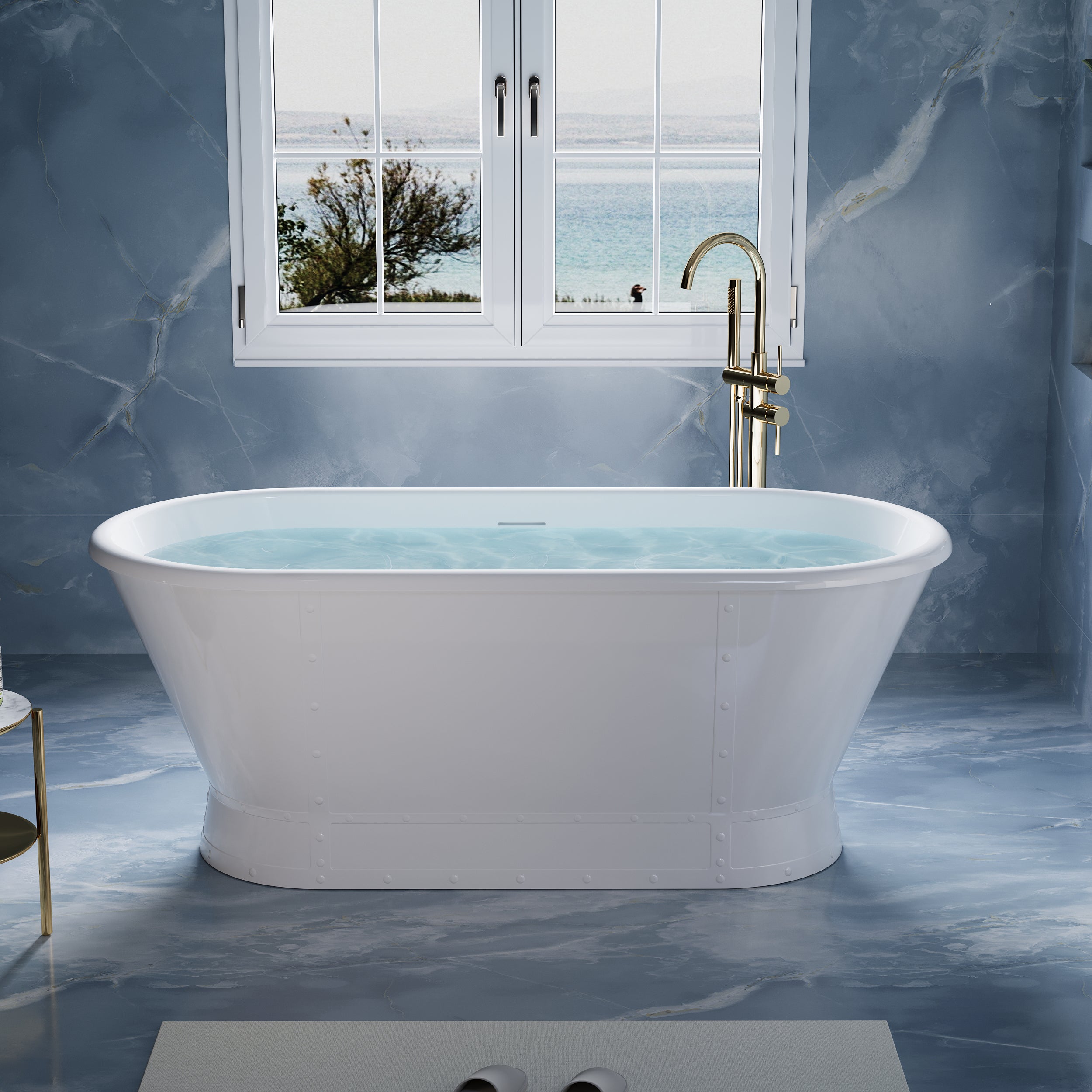 66" Freestanding Glossy White Acrylic Bathtub with Integrated Overflow