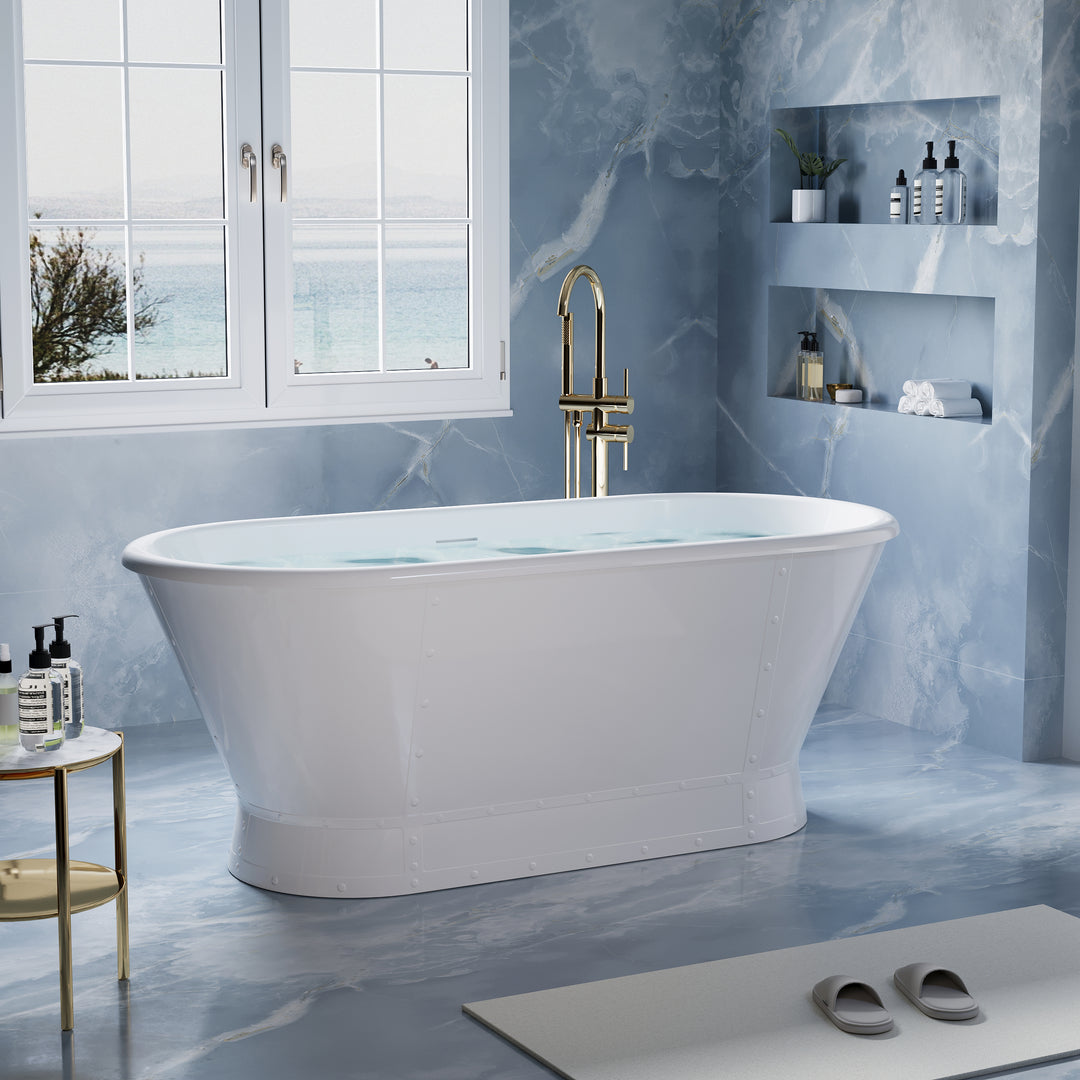 66" Freestanding Glossy White Acrylic Bathtub with Integrated Overflow