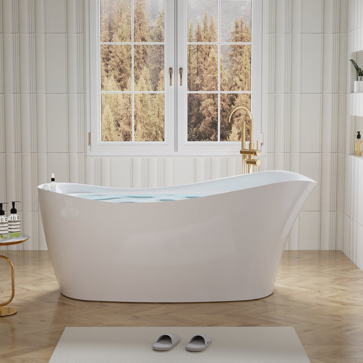 69" Freestanding Glossy White Acrylic Bathtub with Slotted Overflow