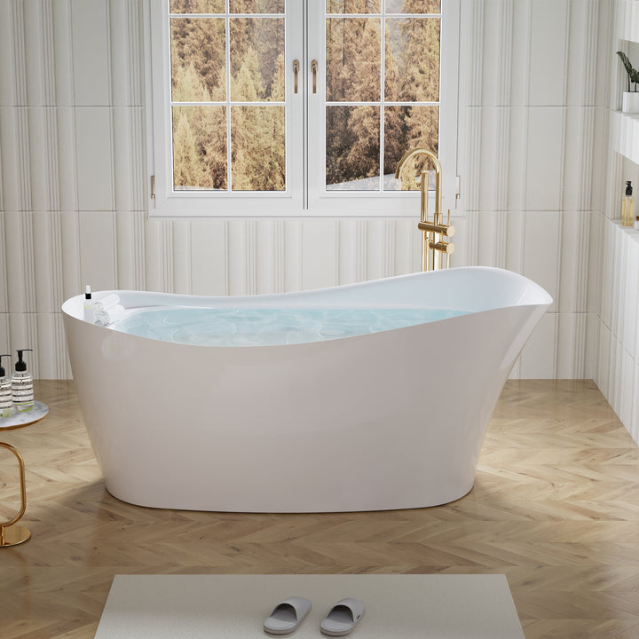 69" Freestanding Glossy White Acrylic Bathtub with Slotted Overflow