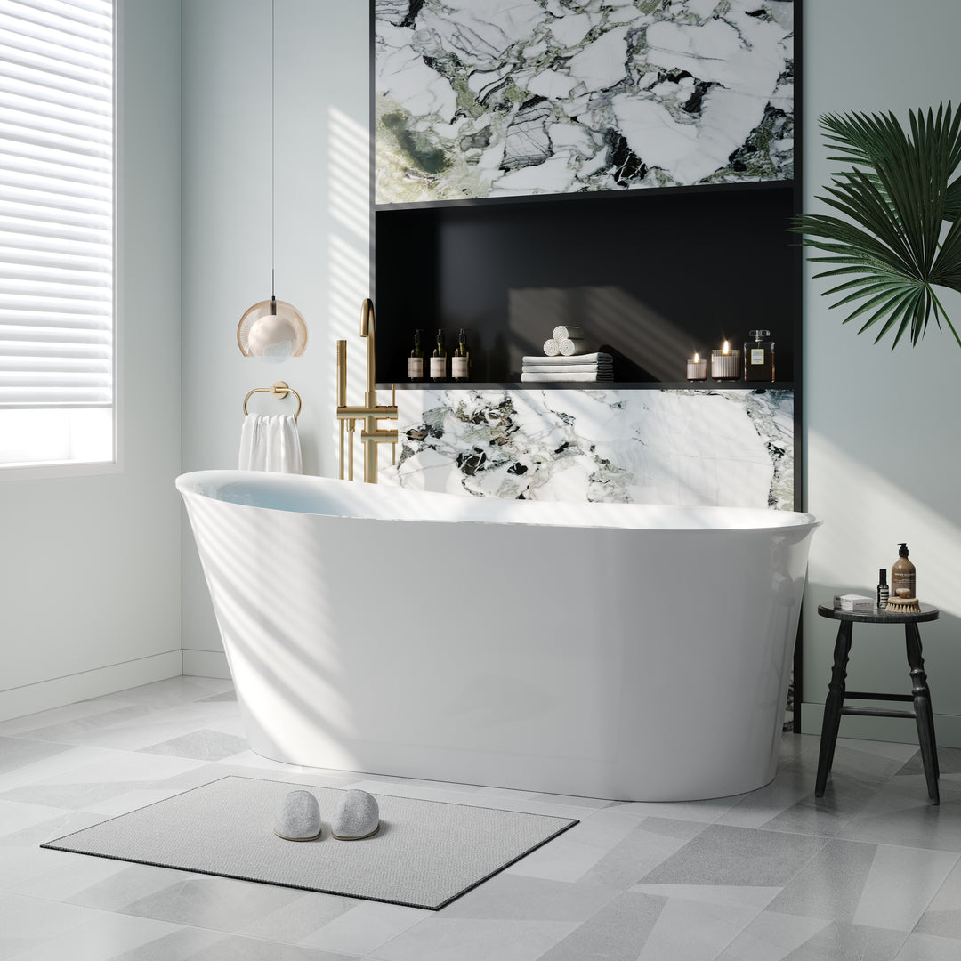 66" Freestanding Glossy White Acrylic Bathtub with Overflow and Drainage