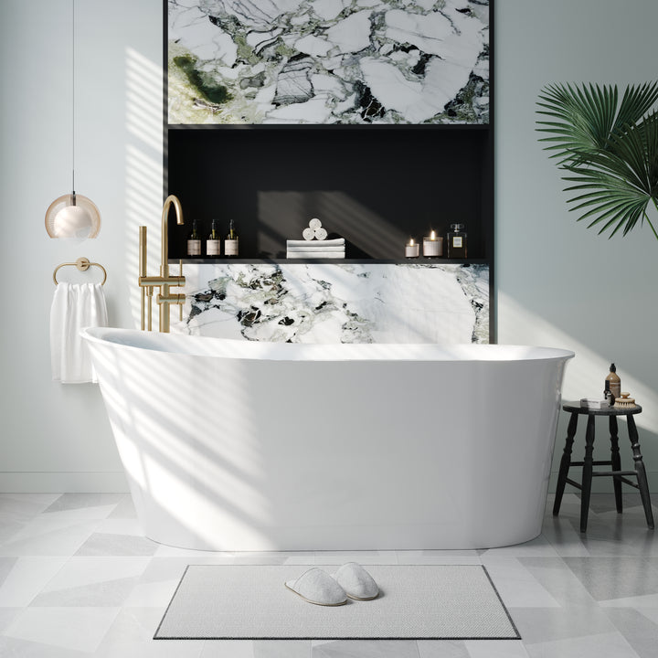 66" Freestanding Glossy White Acrylic Bathtub with Overflow and Drainage