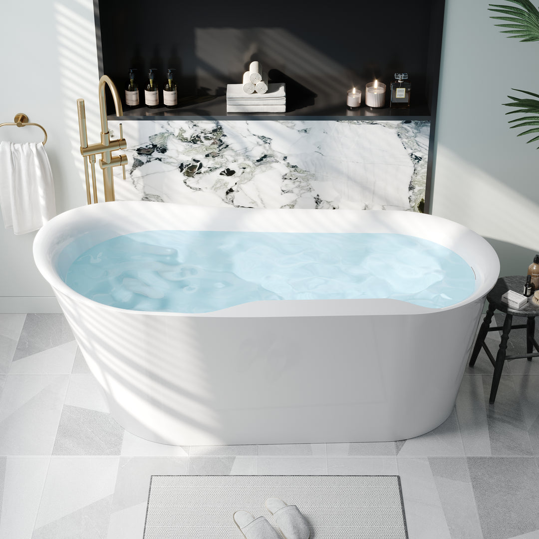 66" Freestanding Glossy White Acrylic Bathtub with Overflow and Drainage