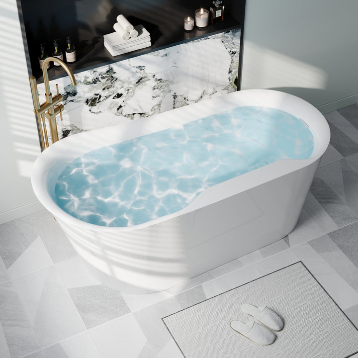 66" Freestanding Glossy White Acrylic Bathtub with Overflow and Drainage